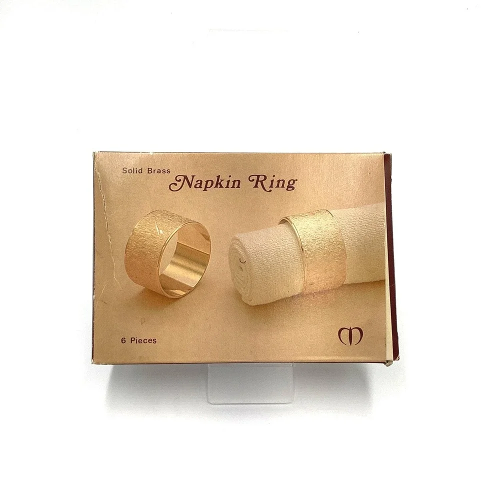 Vintage Solid Brass Napkin Rings Set of 6 Textured‎ Gold Tone M127 MCM Tableware